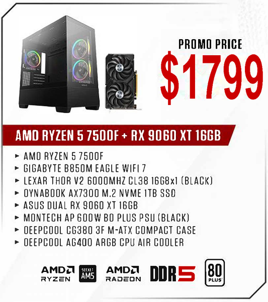 ViiPER Custom Gaming PC - AMD RYZEN 5 7500F + GIGABYTE B850M EAGLE WIFI 7 + ASUS DUAL RX9060XT 16GB