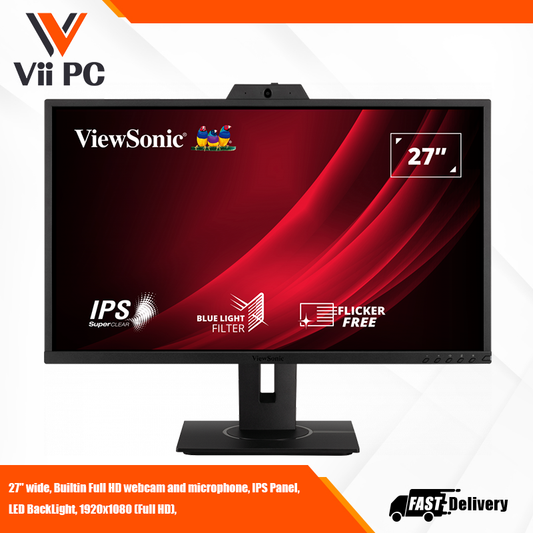 ViewSonic VG2740V 27" 1080p IPS Video Conferencing Monitor with Integrated 2MP Camera, Microphone, Speakers, Eye Care, Ergonomic Design