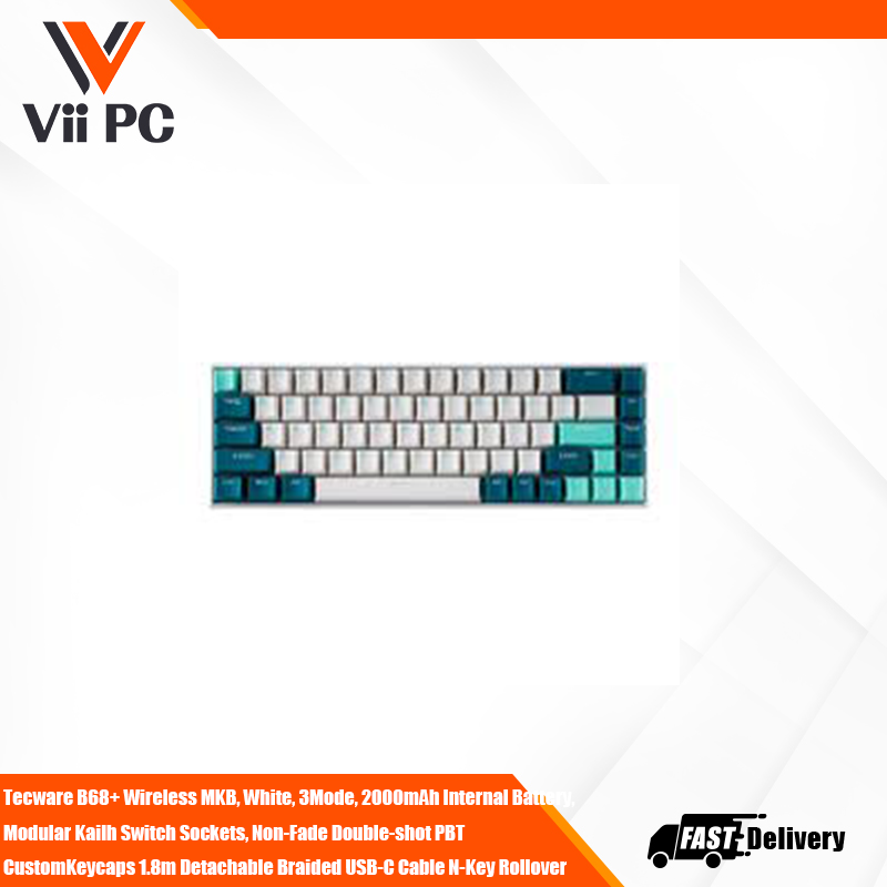 TECWARE  B68+ Wireless MKB, White, 3Mode, 2000mAh Internal Battery,  Modular Kailh Switch Sockets, Non-Fade Double-shot PBT  CustomKeycaps 1.8m Detachable Braided USB-C Cable N-Key Rollover