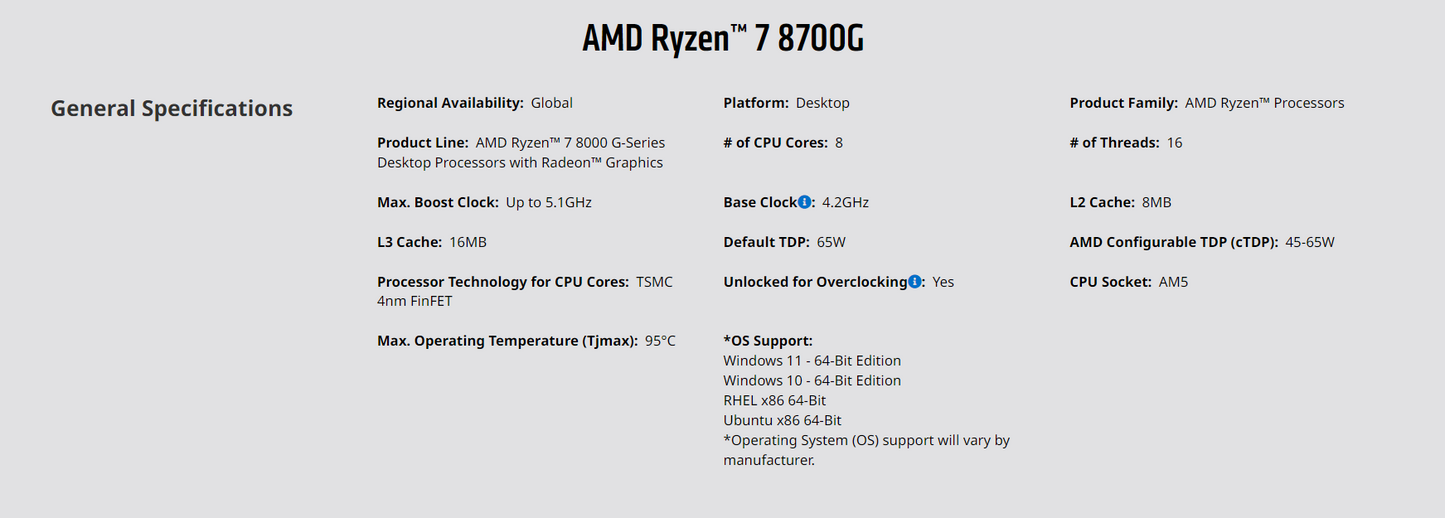 AMD Ryzen™ 7 8700G with Wraith Spire Cooler - Ryzen 7 8000 G-Series Desktop Processor (8-Cores, 16-threads, 4.2GHz, Socket AM5, 65W)