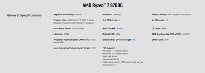 AMD Ryzen™ 7 8700G with Wraith Spire Cooler - Ryzen 7 8000 G-Series Desktop Processor (8-Cores, 16-threads, 4.2GHz, Socket AM5, 65W)
