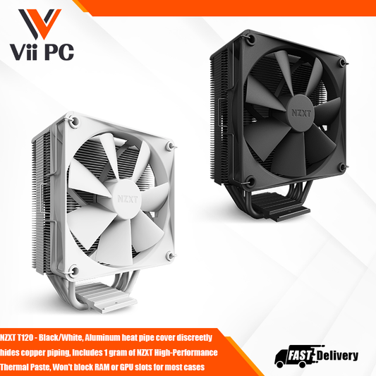 NZXT T120 - Black/White, Aluminum heat pipe cover discreetly hides copper piping, Includes 1 gram of NZXT High-Performance Thermal Paste, Won't block RAM or GPU slots for most cases