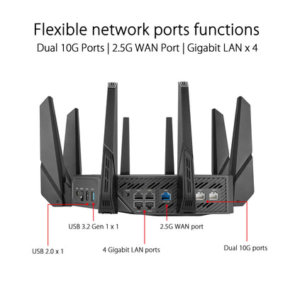 ASUS ROG Rapture GT-AXE16000 quad-band WiFi 6E (802.11ax) gaming router, new 6 GHz band, dual 10G ports, 2.5G WAN port, dual WAN, AiMesh support, VPN Fusion, Triple-level game acceleration and free network security