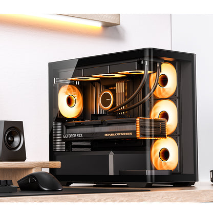 JONSBO D300 Large Micro-ATX BLACK/WHITE TOWER CASING - One-piece Glass Panel AO270 Deg View , MATX Back Plug-in BTF MB, Support 360 AIO, Support 40-series GPU, No Fans Included