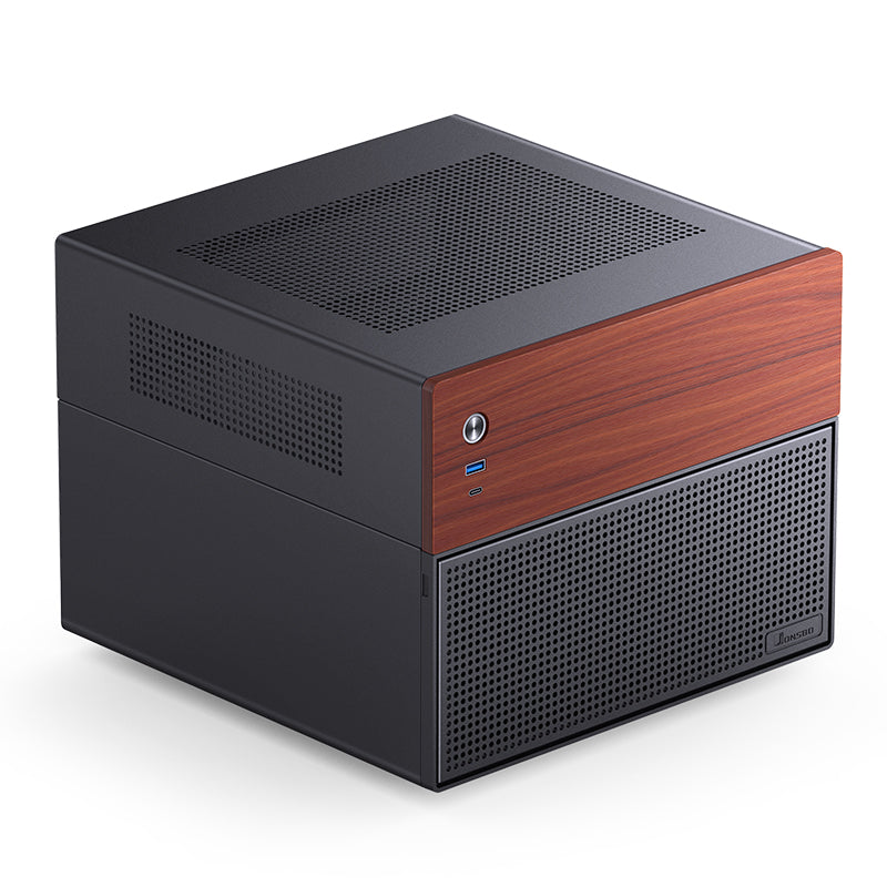 JONSBO N4 ITX/M-ATX BLACK Walnut Wood NAS MINI Chassis Case - MATX MB support, 2.5"SSD*2/3.5"HDD*6(4 hot-swap,2 non hot-swap), 8-Drive Bay, USB 3.2 Gen2 Type-C, 1x120mm Fan built-in
