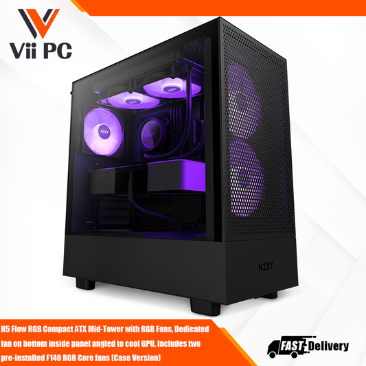NZXT H5 Flow RGB Compact ATX Mid-Tower with RGB Fans, Dedicated fan on bottom inside panel is angled to cool GPU, Includes two pre-installed F140 RGB Core fans (Case Version) & two F120Q Quiet Airflow fans (Case Version)