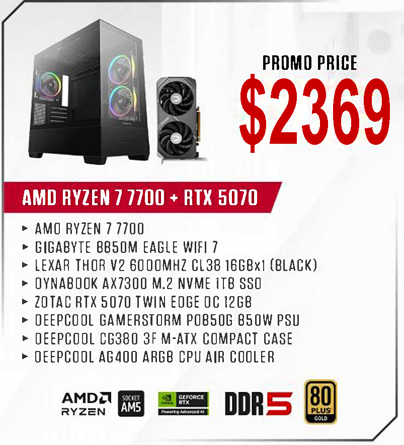 ViiPER Custom Gaming PC - AMD RYZEN 7 7700 + GIGABYTE B850M EAGLE WIFI 7 + ZOTAC RTX 5070 TWIN EDGE OC 12GB