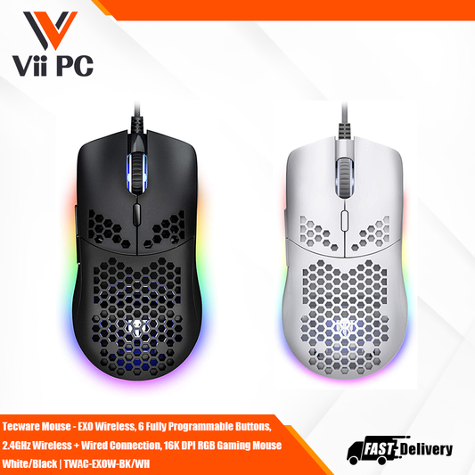 TECWARE Mouse - EXO Wireless, 6 Fully Programmable Buttons, 2.4GHz Wireless + Wired Connection, 16K DPI RGB Gaming Mouse White/Black | TWAC-EXOW-BK/WH