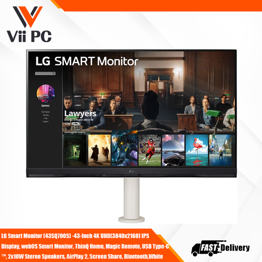 LG Smart Monitor (43SQ700S) -43-Inch 4K UHD(3840x2160) IPS Display, webOS Smart Monitor, ThinQ Home, Magic Remote, USB Type-C™, 2x10W Stereo Speakers, AirPlay 2, Screen Share, Bluetooth,White