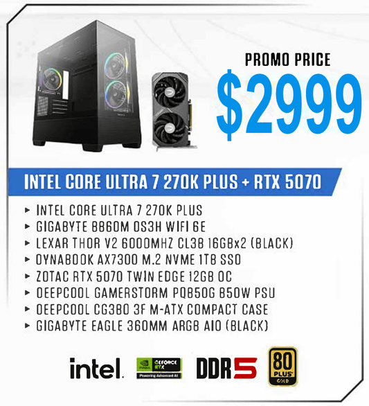 ViiPER Custom Gaming PC - INTEL CORE ULTRA 7 270K PLUS + GIGABYTE B860M DS3H WIFI 6E DDR5+ ZOTAC RTX 5070 TWIN EDGE OC 12GB