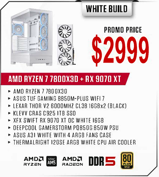 ViiPER Custom Gaming PC - AMD RYZEN 7 7800X3D + ASUS TUF GAMING B850M-PLUS WIFI 7+XFX SWIFT RX9070 XT OC WHITE 16GB