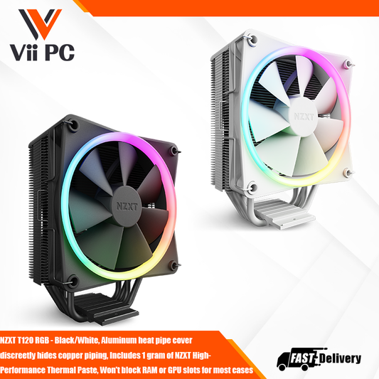 NZXT T120 RGB - Black/White, Aluminum heat pipe cover discreetly hides copper piping, Includes 1 gram of NZXT High-Performance Thermal Paste, Won't block RAM or GPU slots for most cases