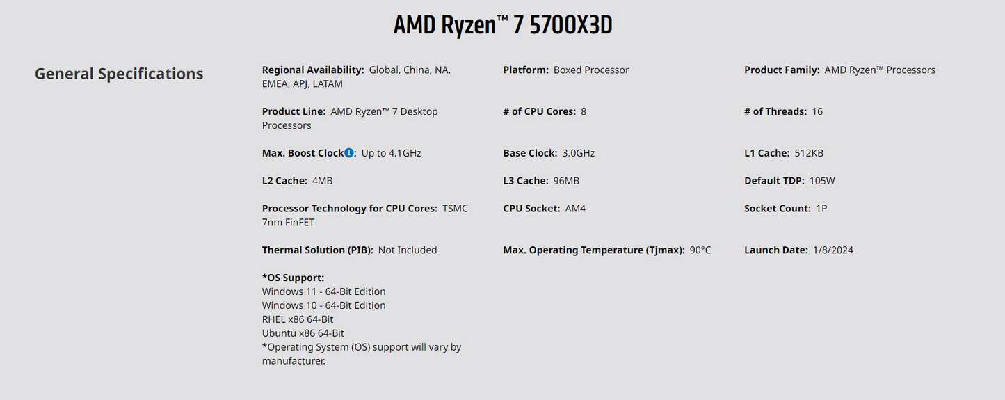 AMD Ryzen™ 7 5700X3D without Cooler - Ryzen 7 5000 Series Desktop Processor (8-Core 3.0GHz Socket AM4 105W Non-Integrated Boxed Processor)