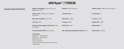 AMD Ryzen™ 7 5700X3D without Cooler - Ryzen 7 5000 Series Desktop Processor (8-Core 3.0GHz Socket AM4 105W Non-Integrated Boxed Processor)