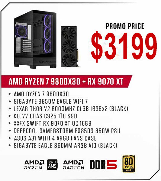 ViiPER Custom Gaming PC - AMD RYZEN 7 9800X3D + GIGABYTE B850M EAGLE WIFI 7 + XFX SWIFT RX9070 XT OC 16GB