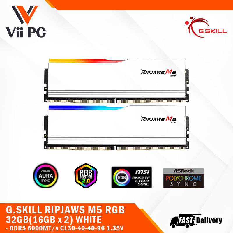 G.SKILL RIPJAWS M5 RGB: 32GB/64GB DDR5-6000/6400/6800 MT/s - Intel XMP 3.0 Ready, Dual Channel Kit (BLACK/WHITE)