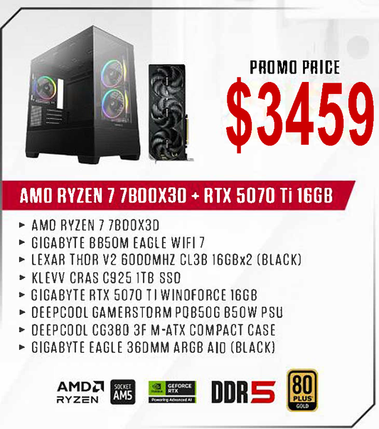 ViiPER Custom Gaming PC - AMD RYZEN 7 7800X3D + GIGABYTE B850M EAGLE WIFI 7 + GIGABYTE RTX 5070 Ti WINDFORCE 16GB