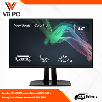 ViewSonic VP3256-4K 32" IPS 4K Monitor with Ultra-Thin Bezels, Color Accuracy, Pantone Validated, HDMI, DisplayPort and USB-C with 60W high-speed charging, for Professional, Home and Office