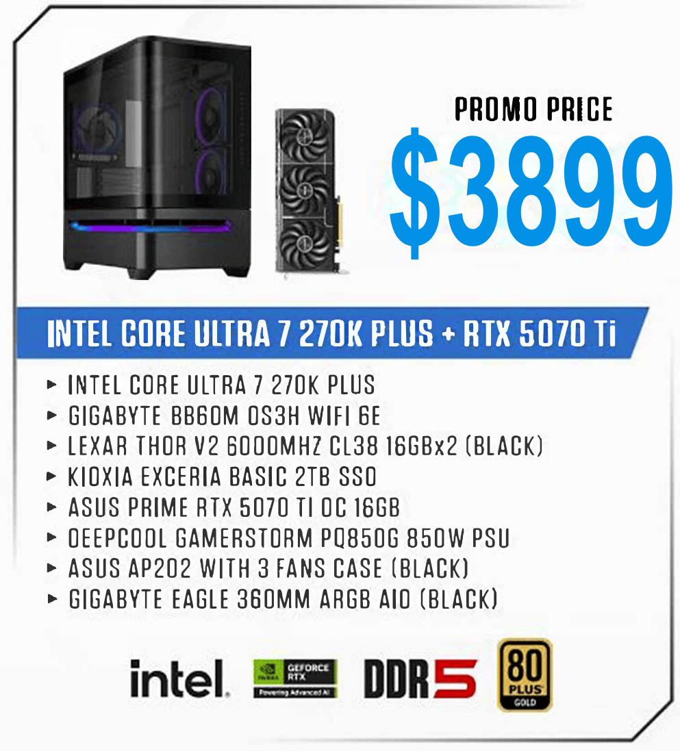 ViiPER Custom Gaming PC - INTEL CORE ULTRA 7 270K PLUS + GIGABYTE B860M DS3H WIFI 6E DDR5+ ASUS PRIME RTX5070 Ti OC 16GB