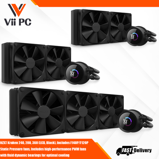 NZXT Kraken 240, 280, 360 (LCD, Black), Includes F140P/F120P Static Pressure fans, Includes high-performance PWM fans with fluid dynamic bearings for optimal cooling