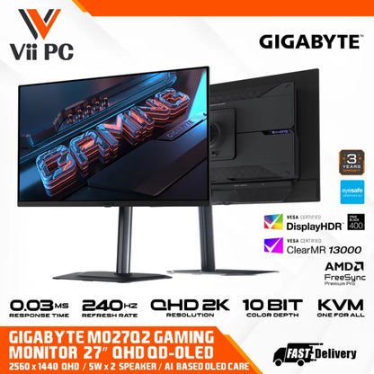 GIGABYTE MO27Q2 27 INCH 2560X1440(QHD) QD-OLED PANEL AMD FREESYNC PREMIUM PRO 0.03MS 240HZ BUILD IN SPEAKER KVM Gaming Monitor