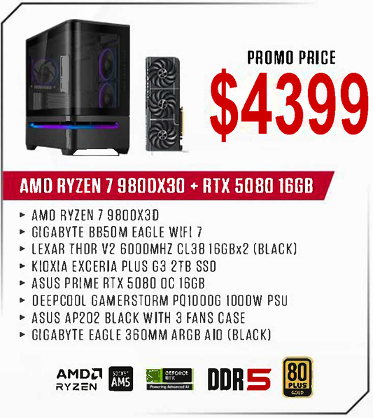 ViiPER Custom Gaming PC - AMD RYZEN 7 9800X3D + GIGABYTE B850M EAGLE WIFI 7 + ASUS PRIME RTX 5080 OC 16GB