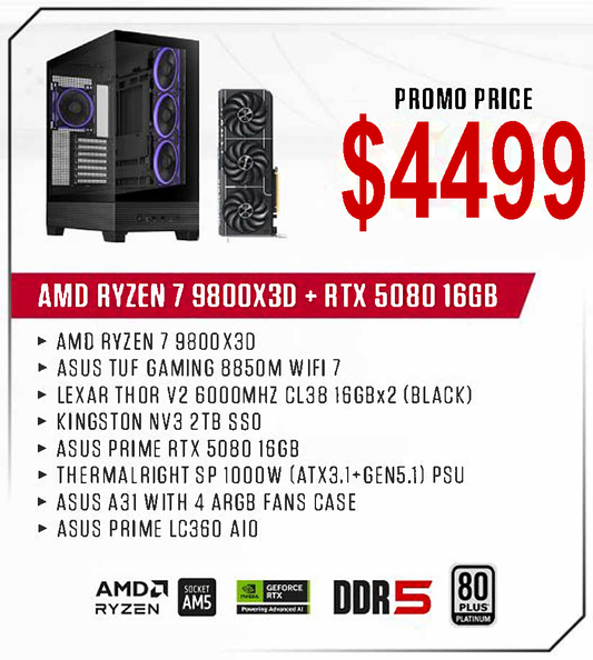 ViiPER Custom Gaming PC - AMD RYZEN 7 9800X3D + ASUS TUF GAMING B850M-PLUS WIFI 7+ ASUS PRIME RTX5080 16GB