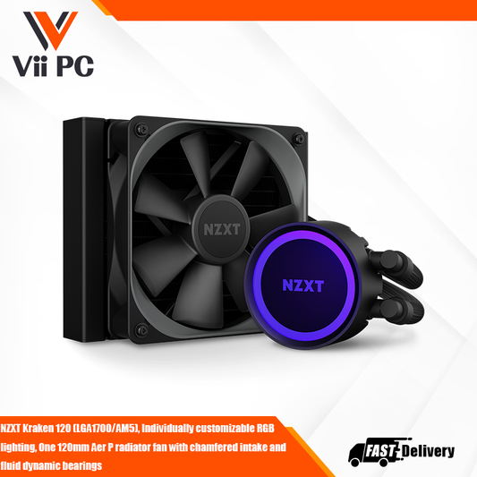 NZXT Kraken 120 (LGA1700/AM5), Individually customizable RGB lighting, One 120mm Aer P radiator fan with chamfered intake and fluid dynamic bearings, Nylon mesh sleeves strengthens rubber tubing to protect from leaks