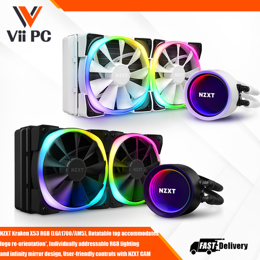NZXT Kraken X53 RGB (LGA1700/AM5), Rotatable top accommodates logo re-orientation*, Individually addressable RGB lighting and infinity mirror design, User-friendly controls with NZXT CAM