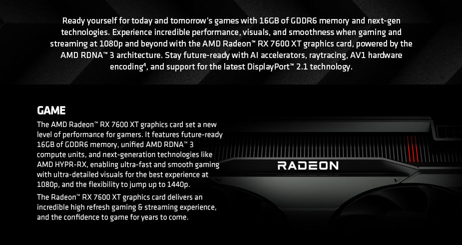 SAPPHIRE PULSE AMD Radeon™ RX 7600 XT 16GB GDDR6 PCI-Express 4.0 x8 Gaming Graphics Cards
