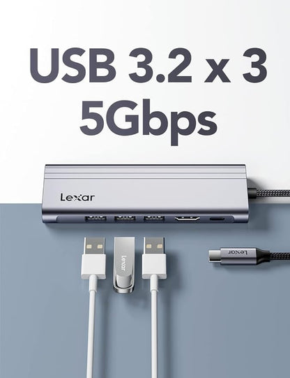 Lexar H31 7-in-1 USB-C Hub - 4K@60Hz HDMI 2.0, 100W USB-C PD charging port, 3 USB-A ports and SD/microSD™ card slots (Compatible with Laptop/Tablet/Smartphone)