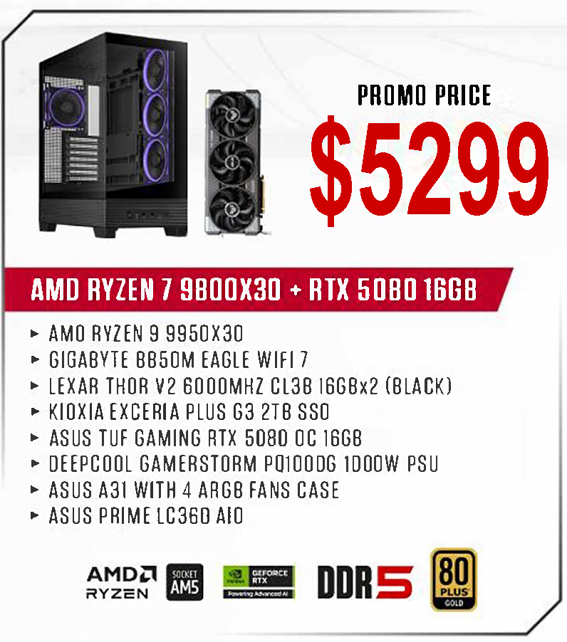 ViiPER Custom Gaming PC - AMD RYZEN 7 9800X3D + GIGABYTE B850M EAGLE WIFI 7+ ASUS TUF GAMING RTX 5080 OC 16GB