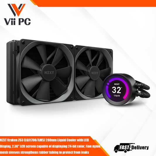 NZXT Kraken Z63 (LGA1700/AM5) 280mm Liquid Cooler with LCD Display, 2.36” LCD screen capable of displaying 24-bit color, Fine nylon mesh sleeves strengthens rubber tubing to protect from leaks