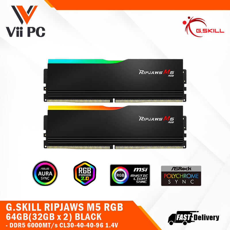 G.SKILL RIPJAWS M5 RGB: 32GB/64GB DDR5-6000/6400/6800 MT/s - Intel XMP 3.0 Ready, Dual Channel Kit (BLACK/WHITE)