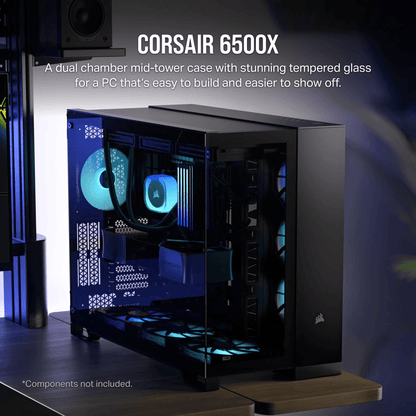 CORSAIR 6500X Mid-Tower Dual Chamber ATX PC Case - BLACK/WHITE, Tempered Glass, 8 horizontal + 3 vertical slots, Compatible with reverse connector motherboards, 2Yrs Wty