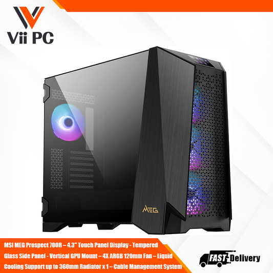 MSI MEG Prospect 700R – 4.3" Touch Panel Display - Tempered Glass Side Panel - Vertical GPU Mount – 4X ARGB 120mm Fan – Liquid Cooling Support up to 360mm Radiator x 1 – Cable Management System