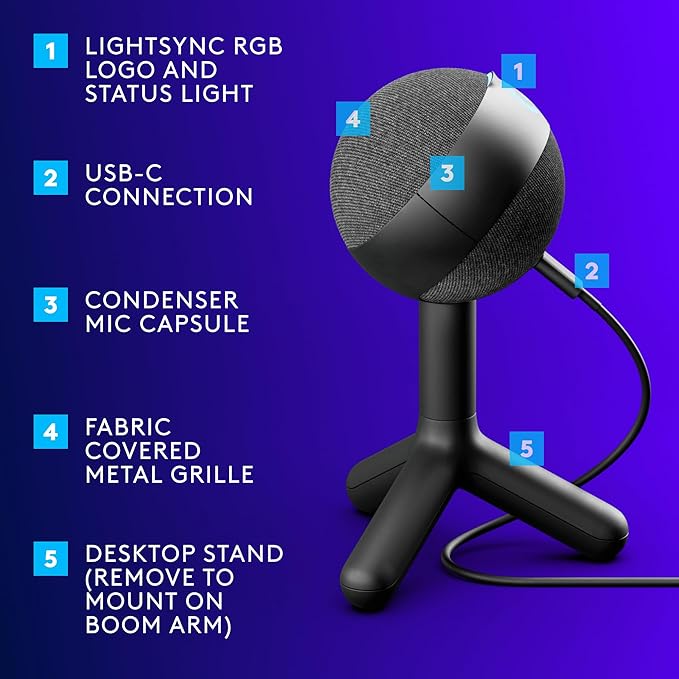 LOGITECH G Yeti Orb - Condenser RGB Gaming Mic with LIGHTSYNC (USB PLUG AND PLAY) - BLACK