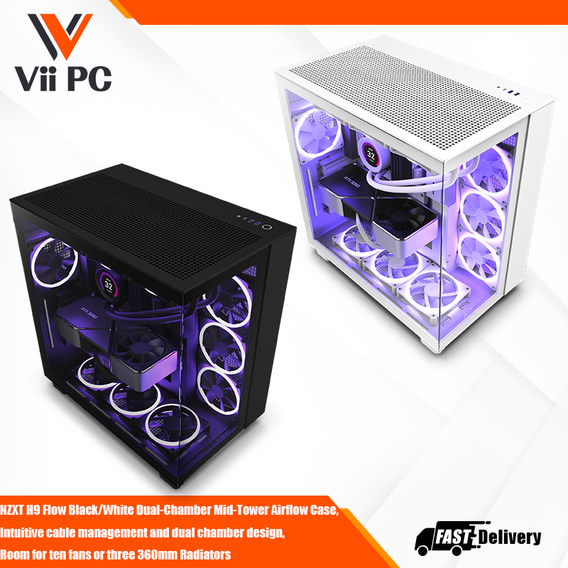 NZXT H9 Flow Black/White Dual-Chamber Mid-Tower Airflow Case, Intuitive cable management and dual chamber design, Room for ten fans or three 360mm Radiators
