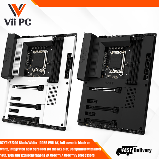 NZXT N7 Z790 Black/White - DDR5 WIFI AX, Full cover in black or white, integrated heat spreader for the top-most M.2 slot, Compatible with Intel® 14th, 13th and 12th Generation Core™ i9, Core™ i7, Core™ i5 processors