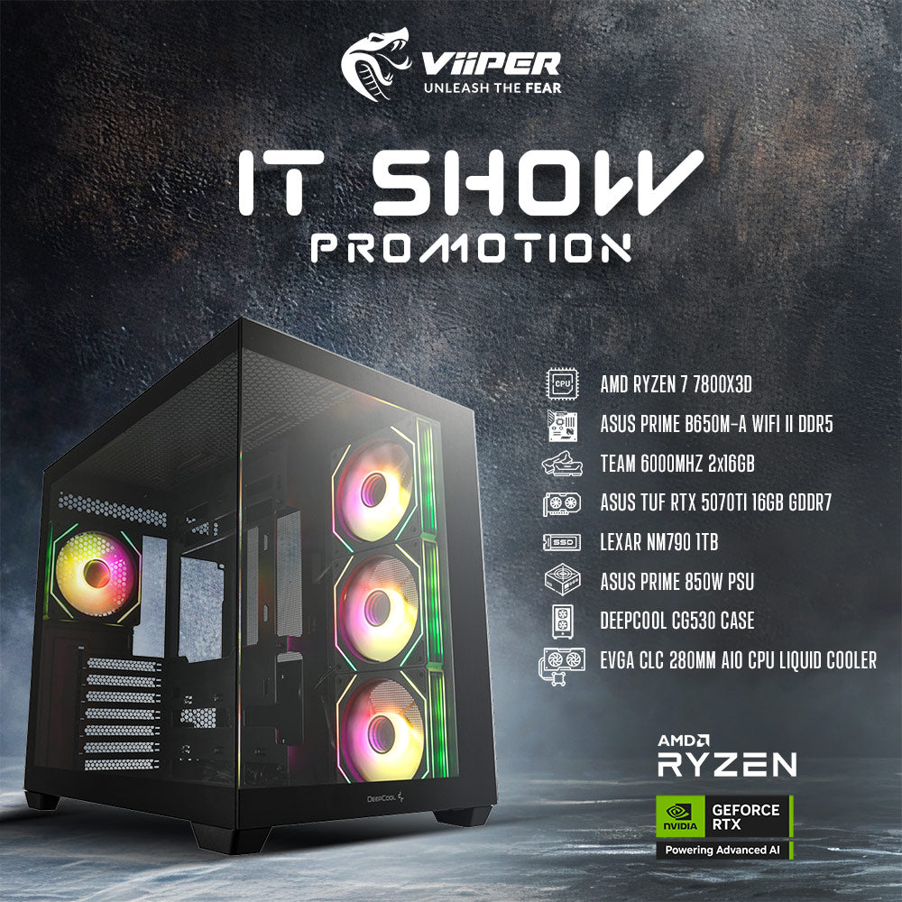 [IT SHOW 2025 Promotion] ViiPER Gaming PC - AMD Ryzen 7 7800X3D, ASUS PRIME B650M-A WIFI II DDR5, ASUS TUF GAMING RTX 5070 Ti 16GB GDDR7