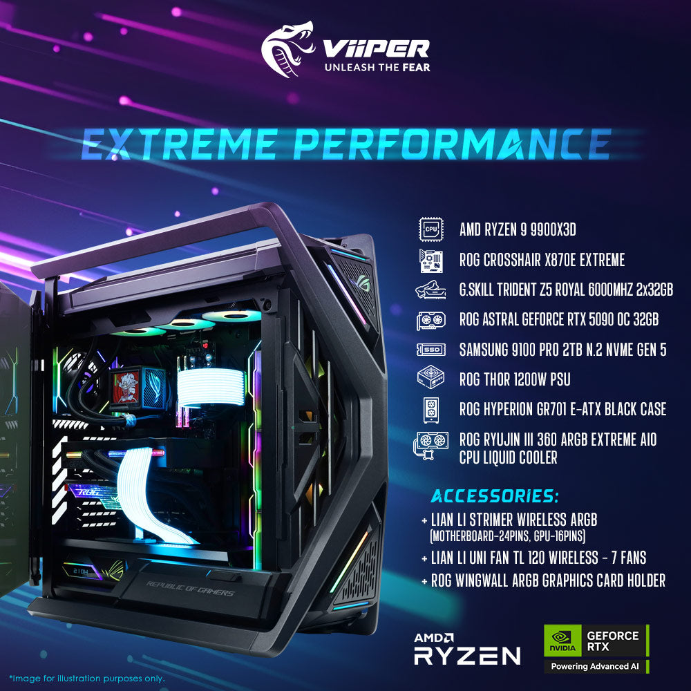 ViiPER Custom Gaming PC (EXTREME PERFORMANCE) - AMD Ryzen 9 9900X3D, ROG Crosshair X870E Extreme, ROG Astral GeForce RTX 5090 OC 32GB (Powered By ASUS)