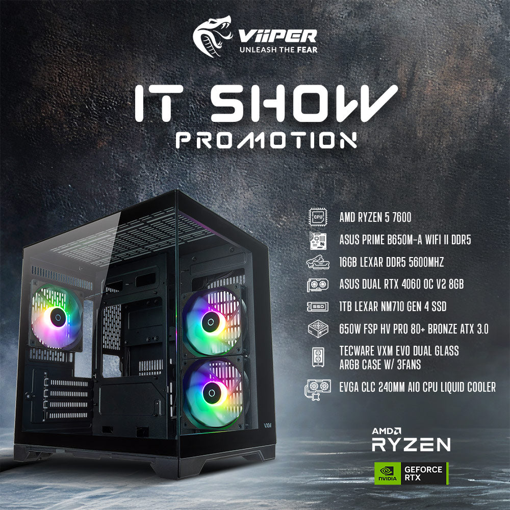 [IT SHOW 2025 Promotion] ViiPER Gaming PC - AMD Ryzen 5 7600, ASUS PRIME B650M-A WIFI II DDR5, ASUS DUAL RTX 4060 OC V2 8GB