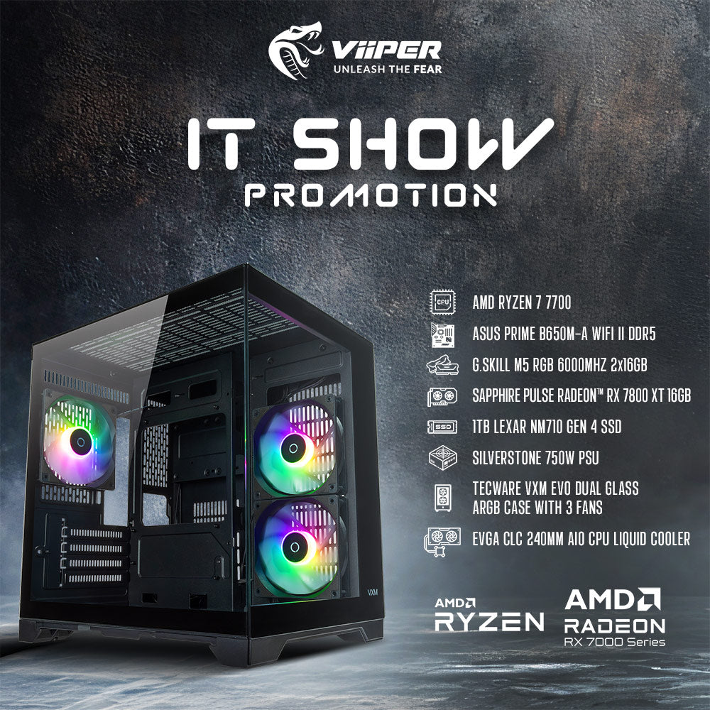 [IT SHOW 2025 Promotion] ViiPER Gaming PC - AMD Ryzen 7 7700, ASUS PRIME B650M-A WIFI II DDR5, SAPPHIRE PULSE Radeon™ RX 7800 XT 16GB
