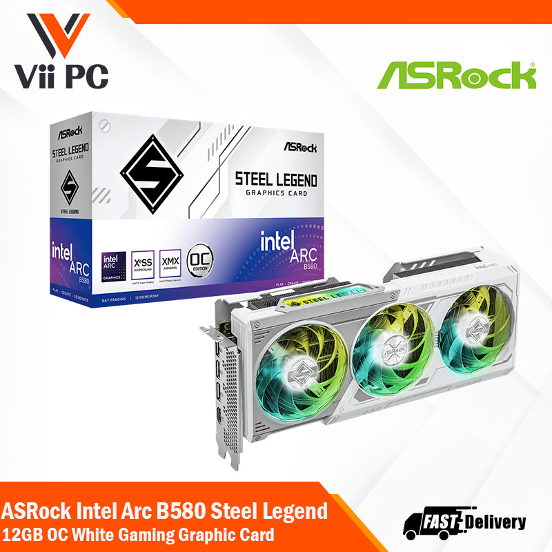 ASRock Intel Arc B580 Steel Legend 12GB OC White Triple RGB Fan Gaming Graphic Card
