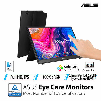 ASUS ProArt Display PA148CTV Portable Professional Monitor - 14" IPS, FHD (1920x1080), 100% sRGB, 100% Rec.709, Color Accuracy ΔE<2, Calman Verified, USB-C, 10-point Touch
