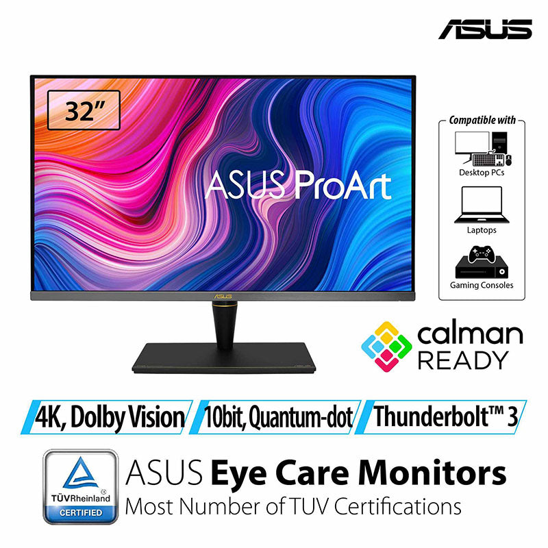 ASUS ProArt Display PA32UCX-PK 4K HDR IPS Mini LED Professional Monitor - 32”, 1200 nits, 10 bit, Dolby Vision, HLG, 1152 zones, ΔE<1, 99% DCI-P3, 99.5% Adobe RGB, 100% sRGB/Rec. 709 , Hardware Calibration, Thunderbolt™ 3, Calman Ready