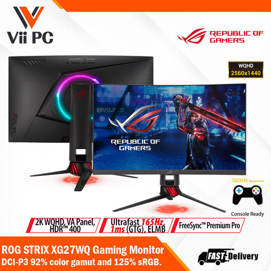 ASUS ROG Strix XG27WQ HDR Gaming Monitor - 27" WQHD (2560 x 1440), Native 165Hz (Above 144Hz), 1ms (MPRT), ELMB, FreeSync™ Premium Pro, DisplayHDR™ 400, Curved