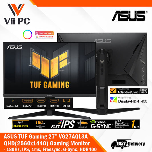 ASUS TUF Gaming VG27AQL3A Gaming Monitor - 27" QHD (2560x1440), 180Hz, Fast IPS, ELMB Sync, 1ms (GTG), Freesync Premium™, G-Sync compatible, VESA AdaptiveSync Display 180Hz, Variable Overdrive, 130% sRGB, DisplayHDR™ 400