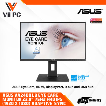 ASUS VA24DQLB Eye Care Monitor - 23.8" FHD, IPS, Frameless, 75Hz, Adaptive-Sync, Low Blue Light, Flicker Free, Ergonomic Design, Wall Mountable
