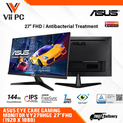 ASUS VY279HGE Eye Care Gaming Monitor – 27" FHD (1920x1080) IPS, 144Hz, SmoothMotion, 1ms (MPRT), FreeSync Premium™, Eye Care Plus technology, Blue Light Filter, Flicker Free, antibacterial treatment